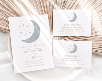 Over the Moon Boy Baby Shower Invitation Set, Editable Moon and Stars Baby Shower Invite Books for Baby Diaper Raffle Ticket Template