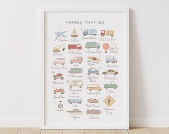 Transportation Alphabet Poster, Printable Vehicle ABC Print, Transportation Kids Room Decor, Nursery Wall Art, DIGITAL DOWNLOAD