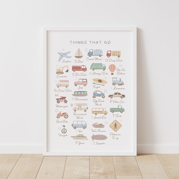 Transport Alphabet Poster, druckbare Fahrzeug ABC Druck, Transport Kinderzimmer Dekor, Kinderzimmer Wandkunst, DIGITAL DOWNLOAD