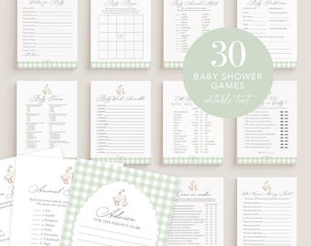 Puede incluir: Un conjunto de juegos para baby shower con un patrón de cuadros vichy verde claro y una ilustración de ganso. Los juegos incluyen "Deseos para el bebé", "Baby Bingo", "Baby Animal Match" y "Predicciones del bebé". El texto "30 Baby Shower Games" también es visible.