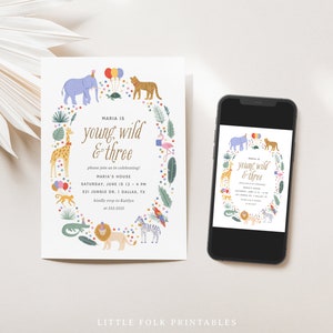 Editable Young Wild and Three 3rd Birthday Party Invitation, Jungle Safari Animals Birthday Party Invite Template, DIGITAL DOWNLOAD image 2