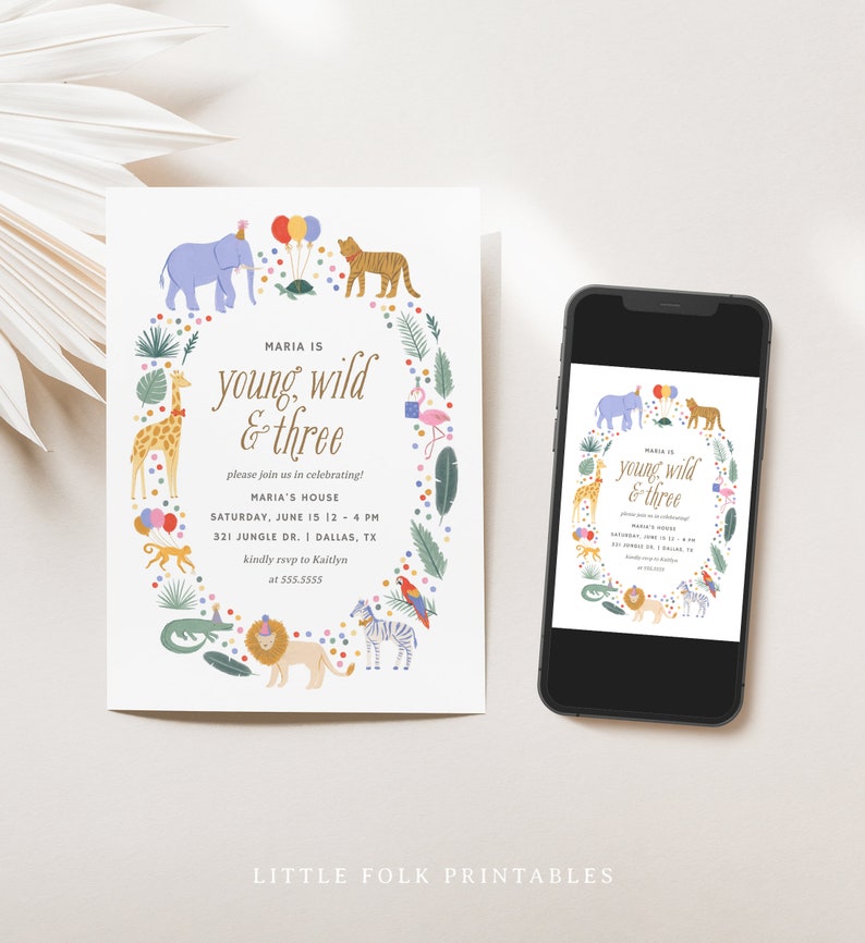 Editable Young Wild and Three 3rd Birthday Party Invitation, Jungle Safari Animals Birthday Party Invite Template, DIGITAL DOWNLOAD image 2