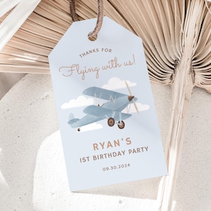 Editable Airplane Birthday Party Favor Tag Template, Printable Vintage Travel Birthday Gift Tag, DIGITAL DOWNLOAD