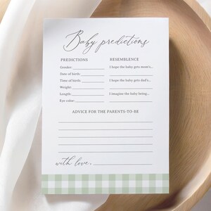 Sage Green Gingham Baby Shower Predictions and Advice Card, Classic Gingham Baby Predictions Template, DIGITAL DOWNLOAD