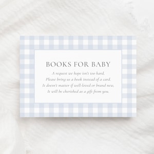 Libros de Gingham azul para plantilla de tarjeta de bebé, plantilla de solicitud de libro de baby shower de niño de Gingham vintage, DESCARGA DIGITAL