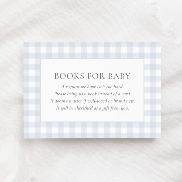 Blue Gingham Books for Baby Card Template, Vintage Gingham Boy Baby Shower Book Request Template, DIGITAL DOWNLOAD