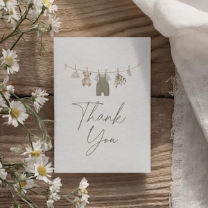 Sage Green Boho Clothesline Baby Shower Thank You Card, Boy Baby Clothes Folded Thank You Card Template, DIGITAL DOWNLOAD