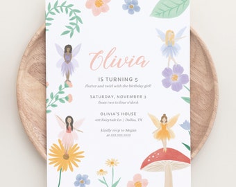 Editable Fairy Birthday Invitation, Floral Fairy Garden Birthday Party Invite, Printable Invitation Template