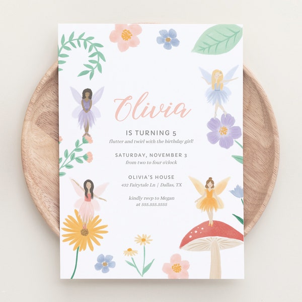 Editable Fairy Birthday Invitation, Floral Fairy Garden Birthday Party Invite, Printable Invitation Template