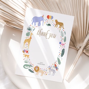 Editable Jungle Safari Birthday Thank You Card Template, Printable Party Animals Birthday Flat Thank You Card, DIGITAL DOWNLOAD