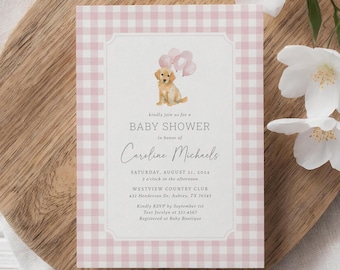 Może przedstawiać: Różowo-białe zaproszenie na baby shower w kratkę z akwarelową ilustracją złotego retrievera trzymającego różowe balony. Zaproszenie zawiera tekst "kindly join us for a baby shower in honor of Caroline Michaels" oraz szczegóły wydarzenia.