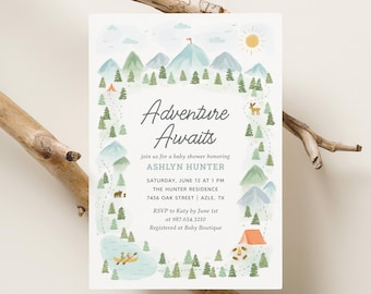 Adventure Awaits Woodland Baby Shower Invitation, Mountain Forest National Parks Baby Shower Invite, Camping Outdoors Instant Download