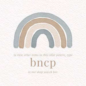 Puede incluir: Un arco&iacute;ris de acuarela con cuatro arcos en tonos de azul, marr&oacute;n y beige. El texto "to view other items in this color palette, type bncp in our shop search bar." est&aacute; debajo del arco&iacute;ris.