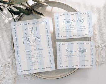 May include: Baby shower stationery set with a blue and white striped design. The main invitation reads "OH BOY" and includes event details. Additional cards request books and a diaper raffle.