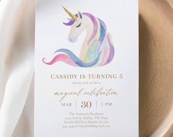 Unicorn Birthday Invitation Template, Minimal Pastel Unicorn Birthday Party Invite, Rainbow Watercolor Unicorn Printable Invitation