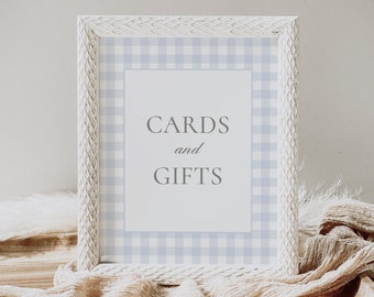 Blue Gingham Baby Shower Cards and Gifts Sign, Vintage Gingham Boy Baby Shower Cards and Gifts Printable Sign, DIGITAL DOWNLOAD