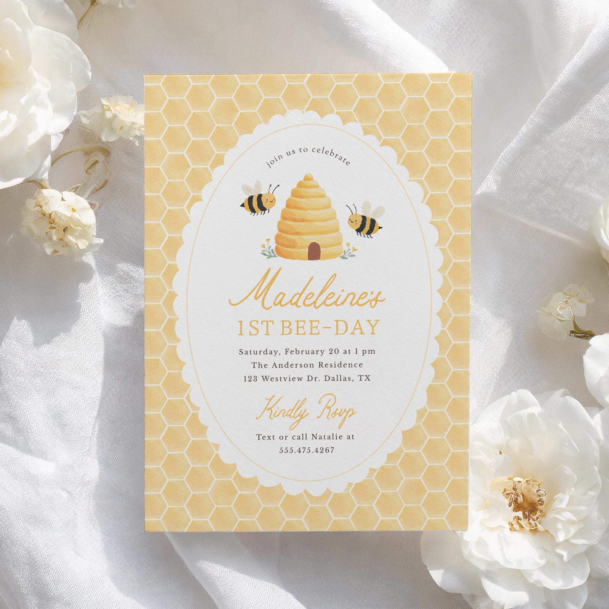 Bee 1st Birthday Invitation Template, First Bee Day Birthday Party ...