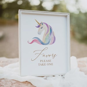 Rainbow Unicorn Favors Sign, Printable Pastel Unicorn Girl Birthday Party Table Sign, DIGITAL DOWNLOAD
