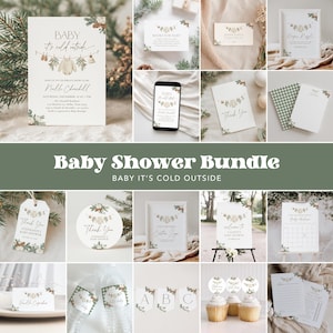 Könnte beinhalten: Ein Babyparty-Bundle mit Winterthema. Die Einladung zeigt den Text "Baby it's cold outside" mit Illustrationen von Babykleidung. Weitere Artikel sind Dankeskarten, Cupcake-Topper und ein individuelles Schild. Das Farbschema ist Weiß, Grün und Braun.