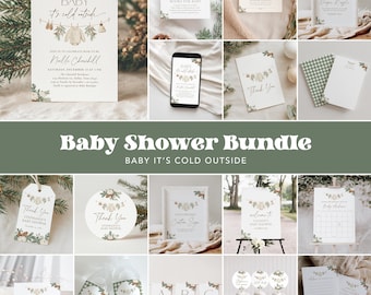 May include: A baby shower bundle with a winter theme. The invitation features the text "Baby it's cold outside" with illustrations of baby clothes. Other items include thank you cards, cupcake toppers, and a custom sign. The color scheme is white, green, and brown.
