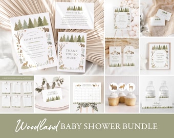 Woodland Baby Shower Invitation Bundle, Printable Woodland Animals Baby Shower Decorations and Games, Editable Template, DIGITAL DOWNLOAD
