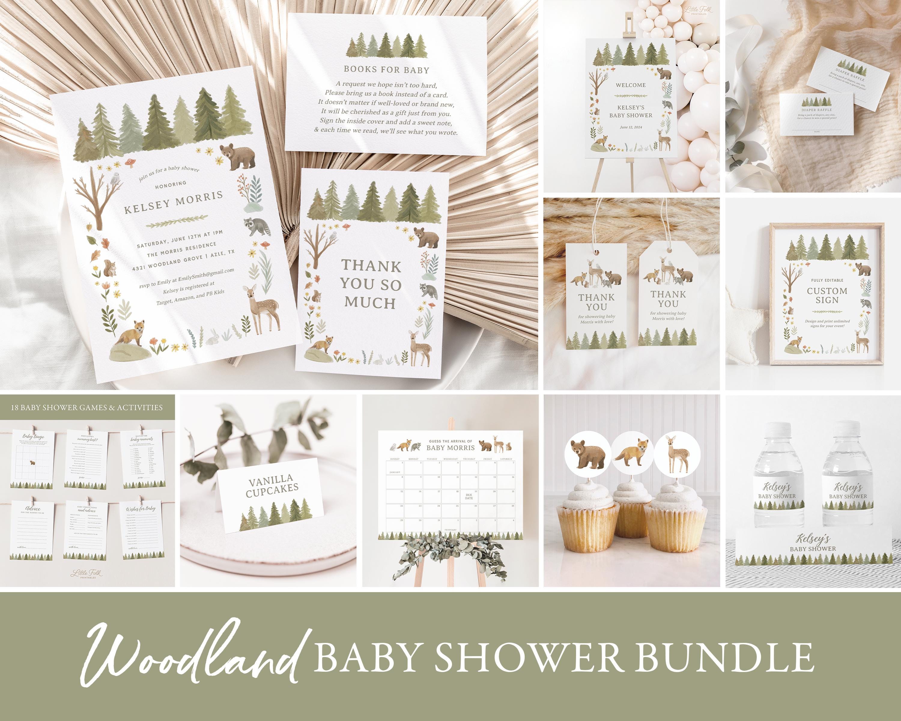 Woodland Baby Shower Invitation Bundle, Printable Woodland Animals Baby Shower Decorations and Games, Editable Template, DIGITAL DOWNLOAD