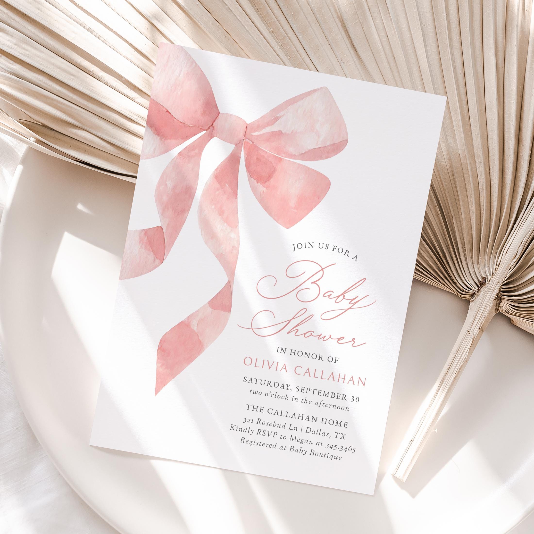Pink Bow Girl Baby Shower Invitation Template, Watercolor Pink Ribbon ...
