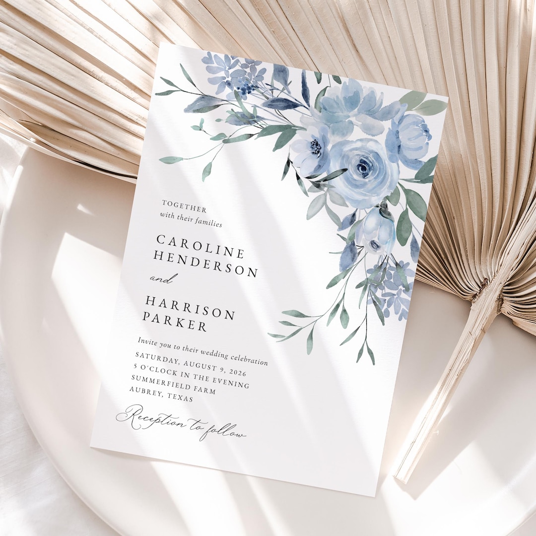Dusty Blue Floral Wedding Invitation Template,blue Watercolor