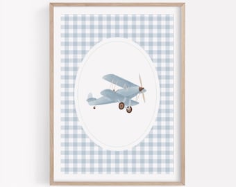 Impresión de avión vintage azul, arte mural de biplano a cuadros, arte mural de viajes imprimible, decoración de habitación infantil de viaje, decoración de habitación de niño, descarga digital