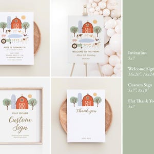 May include: Printable farm-themed party decorations, including an invitation, welcome sign, custom sign, and thank you card. The designs feature a red barn, animals, and a tractor. The invitation says "Allie is turning 5!" and the welcome sign says "Welcome to the Farm! Allie's 5th Birthday". The custom sign says "Fully Editable Custom Sign". The thank you card says "Thank you" and "Love, Allie".