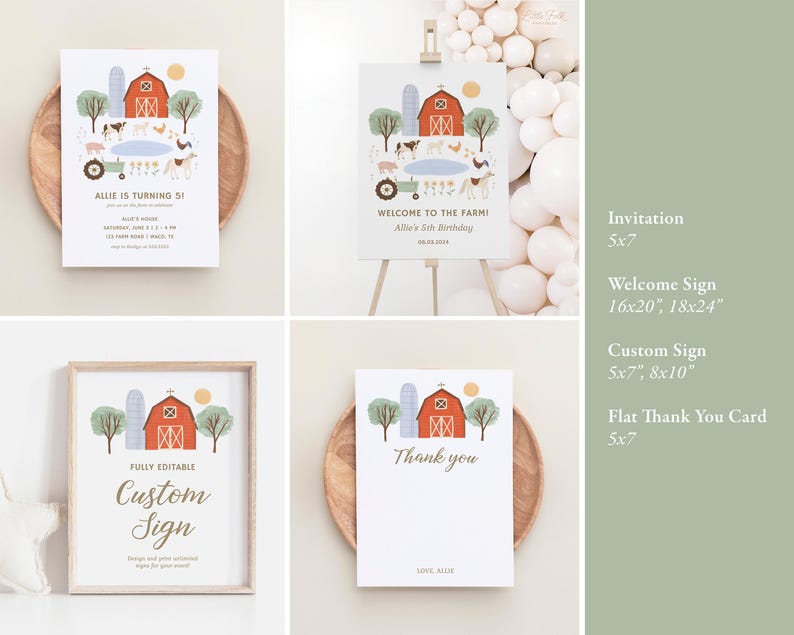 May include: Printable farm-themed party decorations, including an invitation, welcome sign, custom sign, and thank you card. The designs feature a red barn, animals, and a tractor. The invitation says "Allie is turning 5!" and the welcome sign says "Welcome to the Farm! Allie's 5th Birthday". The custom sign says "Fully Editable Custom Sign". The thank you card says "Thank you" and "Love, Allie".