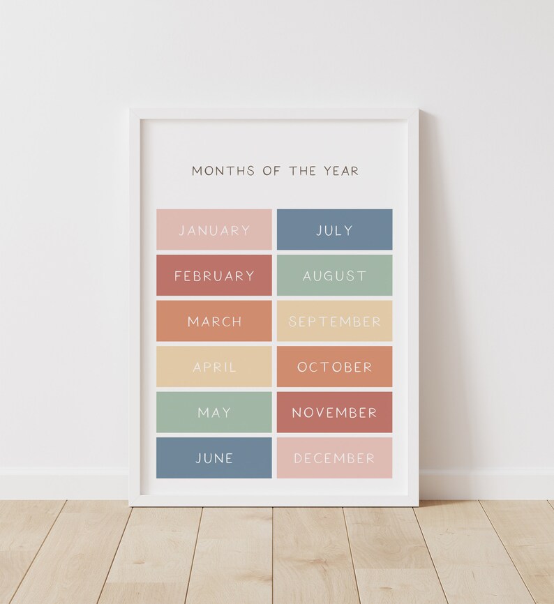 Puede incluir: Un p&oacute;ster de pared imprimible con los meses del a&ntilde;o listados en una cuadr&iacute;cula. Cada mes se muestra en un color pastel diferente.
