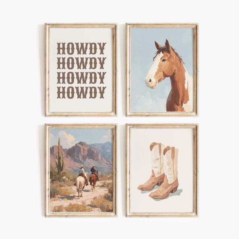May include: Set of four framed art prints with a Western theme. Includes a print with the word "HOWDY", a horse portrait, a desert landscape with riders, and a pair of cowboy boots. The frames are a light brown color.