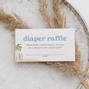 Plantilla para rifa de pañales para baby shower con tabla de surf, inserto para rifa de pañales para bebé a bordo, surf costero en la playa, descarga digital