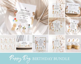 May include: A selection of puppy-themed birthday party decorations. The set includes invitations, thank you cards, and cupcake toppers. The designs feature cartoon dogs with party hats and balloons. Text includes "Let's Pawty!" and "Puppy Dog Birthday Bundle."
