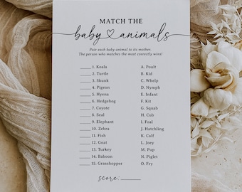 Baby Animal Matching Baby Shower Game, Modern Minimalist Match the Baby Animals Game, Modèle modifiable, TÉLÉCHARGEMENT NUMÉRIQUE