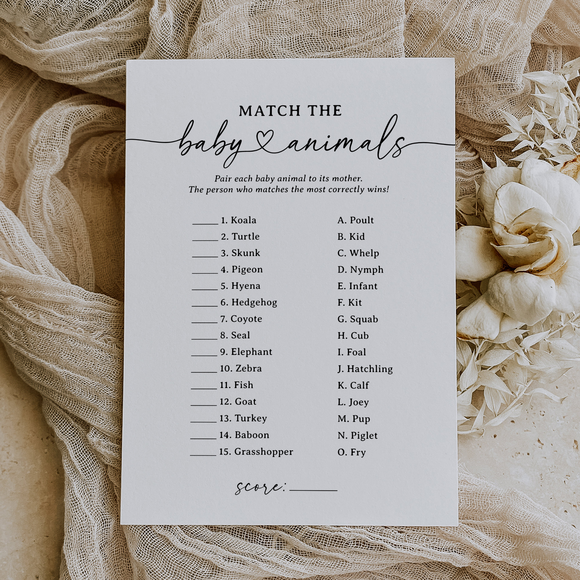 Baby Animal Matching Baby Shower Game, Modern Minimalist Match the Baby ...
