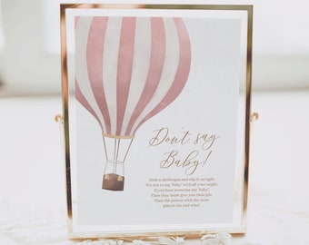 Don't Say Baby Pink Hot Air Balloon Baby Shower Sign, Printable Travel Baby Shower Game, DIGITAL DOWNLOAD