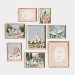 May include: A collection of framed art prints with a vintage aesthetic. The prints feature pastel colors and romantic themes, including a castle, swans, and text that reads "Long Live Girlhood" and "Thank Heaven for Little Girls".