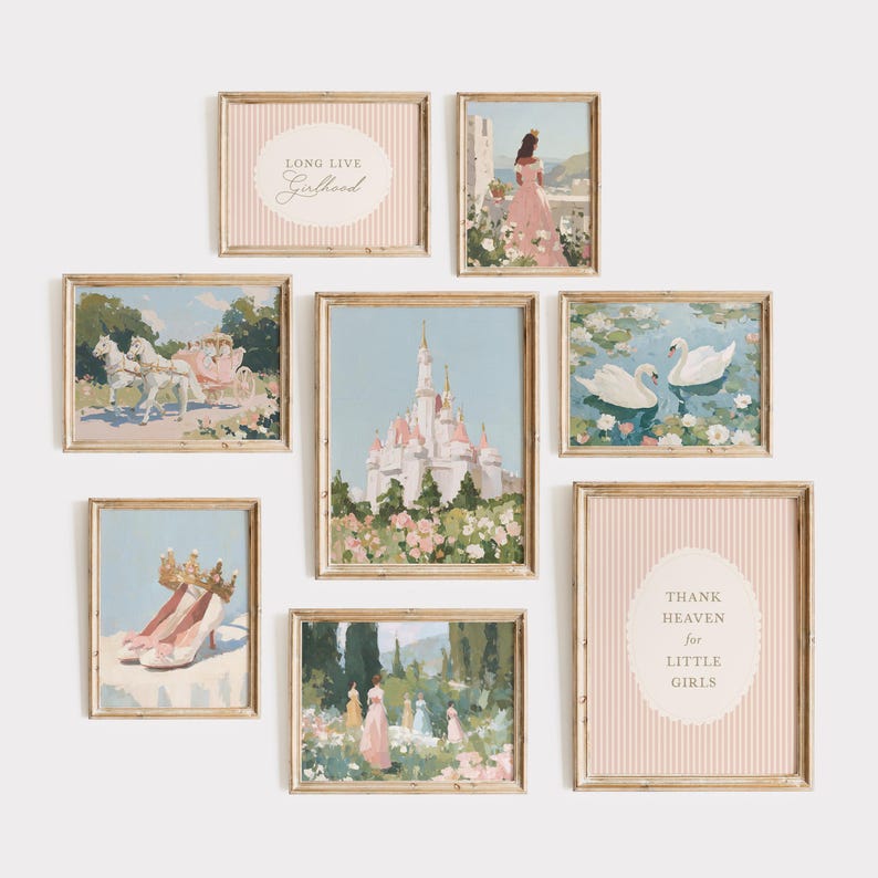 May include: A collection of framed art prints with a vintage aesthetic. The prints feature pastel colors and romantic themes, including a castle, swans, and text that reads "Long Live Girlhood" and "Thank Heaven for Little Girls".
