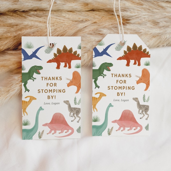 Editable Dinosaur Birthday Party Favor Tag Template, Printable Dinosaur Birthday Gift Tag, Trex Triceratops Brachiosaurus, DIGITAL DOWNLOAD