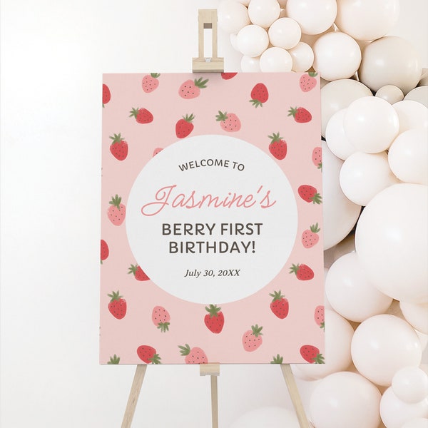 Editable Strawberry Birthday Welcome Sign Template, Printable Berry 1st Birthday Welcome Sign, DIGITAL DOWNLOAD