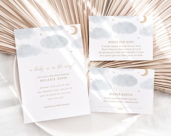 Moon and Stars Baby Shower Invitation Set, Over the Moon Baby Shower Invite Books for Baby Diaper Raffle Ticket Instant Download