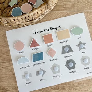 May include: A learning sheet titled I Know the Shapes featuring various geometric shapes in muted colors like pink, blue, and tan. The sheet includes labels for circle, triangle, square, rectangle, oval, semi-circle, parallelogram, diamond, trapezoid, star, cross, arrow, pentagon, hexagon, and octagon.