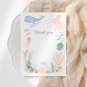 Modèle de carte de remerciement modifiable sous la mer pour la fête d’anniversaire, carte de remerciement plate imprimable pour les animaux de l’océan, TÉLÉCHARGEMENT NUMÉRIQUE
