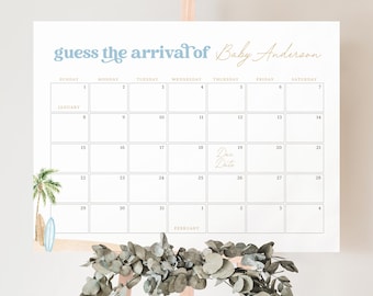May include: A white calendar with a blue and yellow title that says "guess the arrival of Baby Anderson". The calendar is for January and February and has a due date marked on the 19th of January.