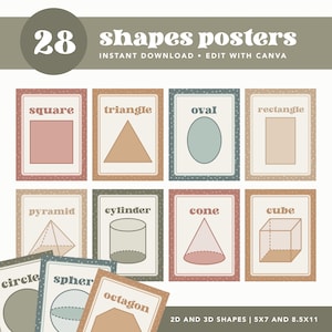 May include: A collection of 28 shapes posters with various 2D and 3D shapes, including squares, triangles, and cubes. The posters are in a neutral color palette with text that reads "shapes posters" and "instant download". The posters are available in 5x7 and 8.5x11 sizes.