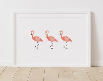 Pink Flamingo Print, Printable Wall Art, Tropical Nursery Decor, Beach Decor, Gouache Painting, DIGITAL DOWNLOAD