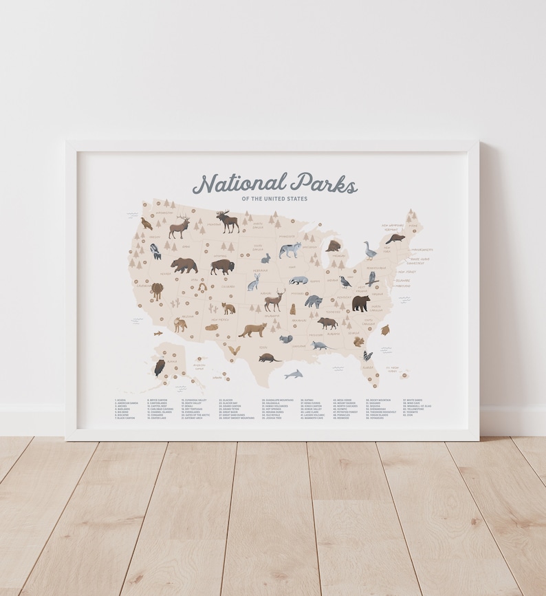 Puede incluir: Un mapa beige de los Estados Unidos con ilustraciones de animales que se encuentran en cada parque nacional. El mapa se titula "National Parks of the United States".