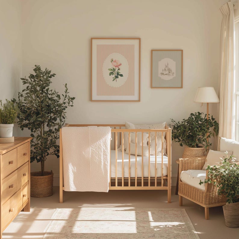 May include: A nursery scene with a light wood crib, a dresser, and a wicker chair. Two framed prints hang on the wall, one with a rose illustration. A pink blanket drapes over the crib. Plants and a lamp complete the cozy, neutral-toned room.